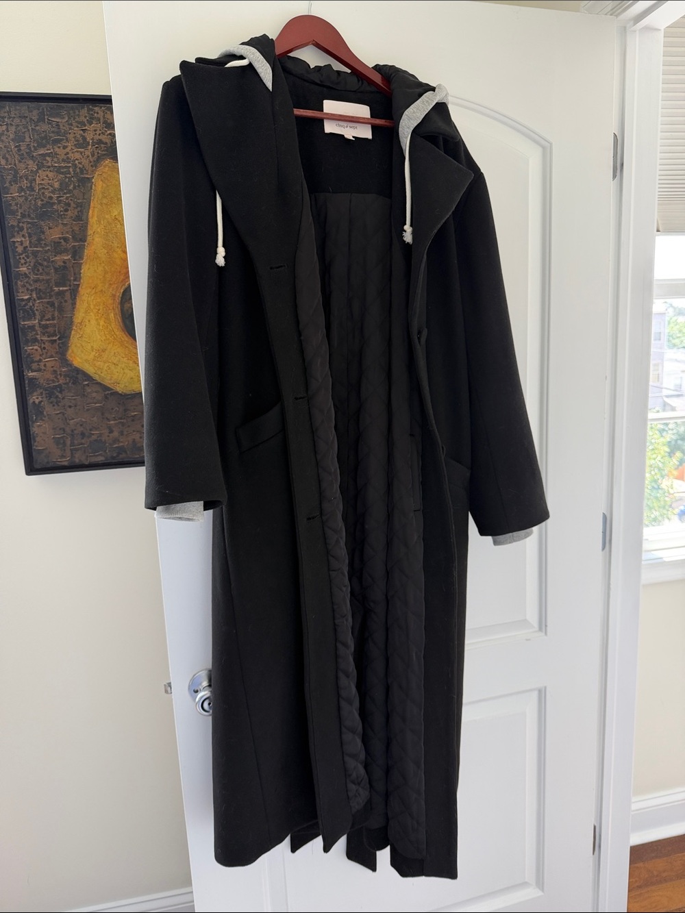 Cinq a Sept Long Black Hooded Women's Coat
